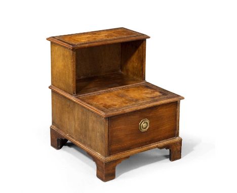George III-style 'step commode', converted, of two gilt-tooled hide treads over base drawer with octagonal backplate ring han
