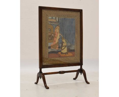 Late 19th or early 20th Century glazed walnut firescreen set with embroidered silkwork panel worked with Arthurian style subj