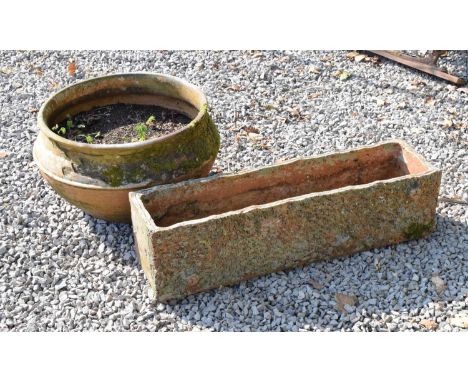 Late Victorian/early 20th Century rectangular terracotta garden trough the front panel with simulated bark effect, 78 x 23 x 