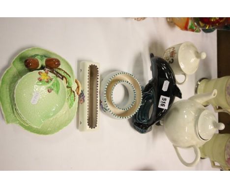 A Collection of Ceramics including Four Carltonware Leaf Plates, Acorn Cruet Set and Walking ERII Mug together with Two Poole