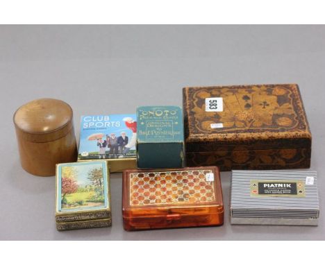 A Wooden Playing Card Box with pokerwork decoration and an Early 20th century Treen Dice Shaker plus Five Playing Card Sets 