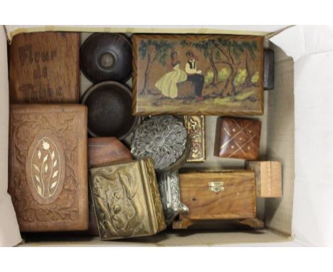 A Collection of Vintage Wooden Boxes plus an Art Nouveau Floral Lidded Metal Trinket Pot, a Cheroot Box with dragon decoratio