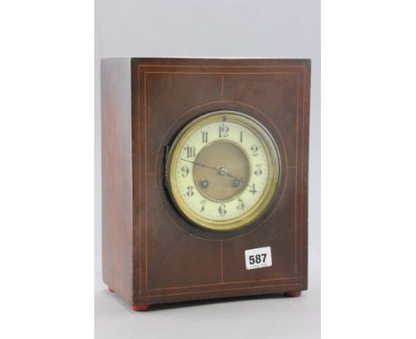 A Late 19th / Early 20th century Mahogany and String Inlaid Square Cased Mantle Clock with white enamel face 