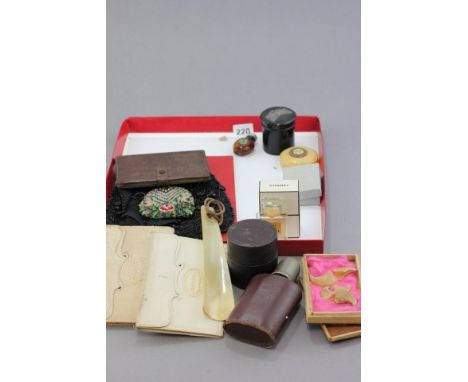 A Tray of Mixed Collectibles including Chanel Perfume Bottle, Leather Cased Measure Boxes, Beaded Purse and Handbag, Hip Flas