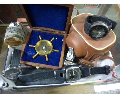 Five Contemporary Watches, Vintage Kodak Camera, Cased Compass etc 