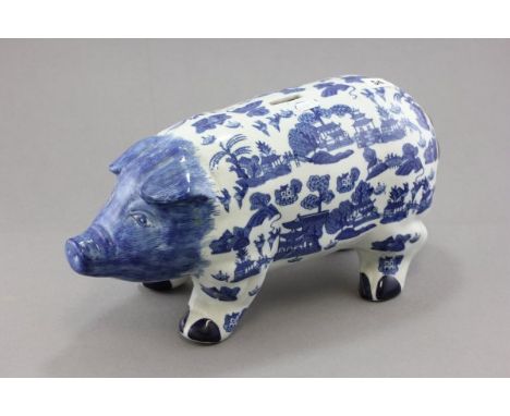 A Large Willow Patterned Ceramic Pig Moneybox 