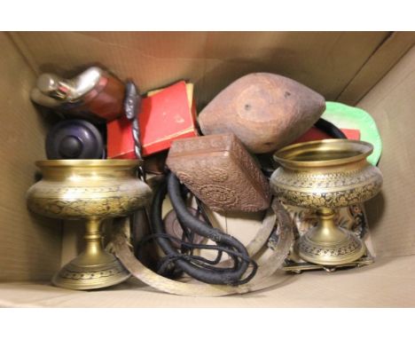 A Mixed Lot of Collectables including Wooden Cow Bell, Carved Wooden Box, African Wooden Shoe Tree, Hip Flask, Indian Brass e