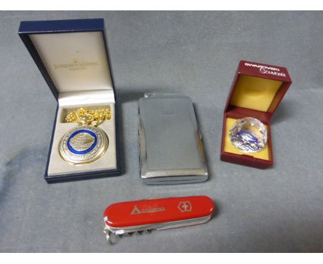 A Cased Jacques du Manoir 'End of the 20th Century' Pocket Watch, Chrome Cigarette Case / Table Lighter, Boxed Swarovski Crys