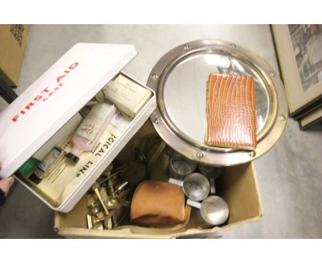 A Porthole Style Mirror, Vintage First Aid Tin and contents, Six Pewter Penang Mugs, Camera, Brass etc 