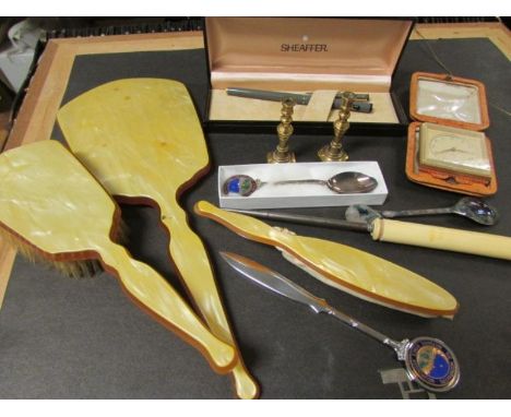 A Cased Sheaffer Fountain Pen, Smiths Travelling Alarm Clock, 1950's Plastic Dressing Mirror, Brush and Nail Buff, Pair of Sm