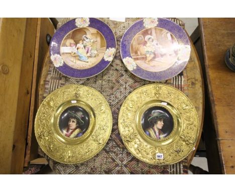 A Pair of Hand Painted Porcelain Continental Bowls depicting boys mounted in brass frames together with a Pair of Ceramic Ita