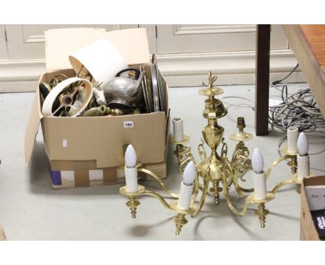 A Box of Mixed Metalware plus a Brass Eight Branch Central Light Fitting 