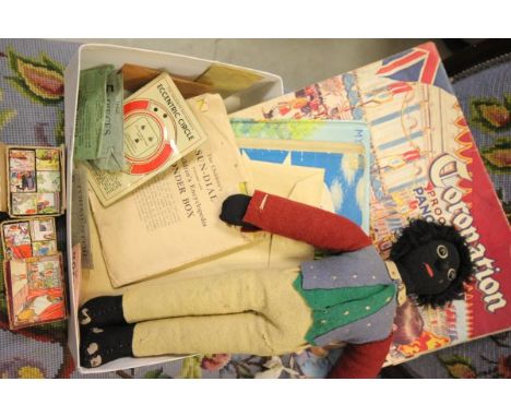 A Vintage Felt Golly with Button Eyes together with Tuck & Sons Coronation Procession Panorama Book, Two Nursery Rhyme Books 