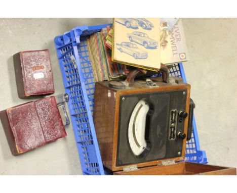 A Vintage Wooden Boxed Sangami Weston Voltmeter, Red Tooled Leather Travelling Set and a Quantity of Ladybird Books 