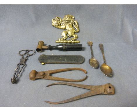A Vintage Rabone Sliding Brass Rule, Powder Measure, Brass Lion with crown plaque, Two 19th century Iron Shot Moulds, Silver 