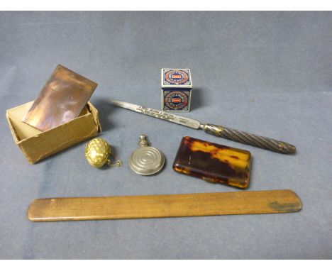 A Mixed Lot of Small Collectibles including Miniature Huntley & Palmers Tin, Tortoishell Effect Cigarette Case, Silver Plate 