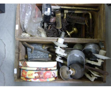 Two Vintage Crates with castors, keys, door knobs etc 