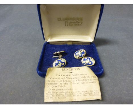 A Pair of Chinese Silver and Enamel Cufflinks with dragon decoration 