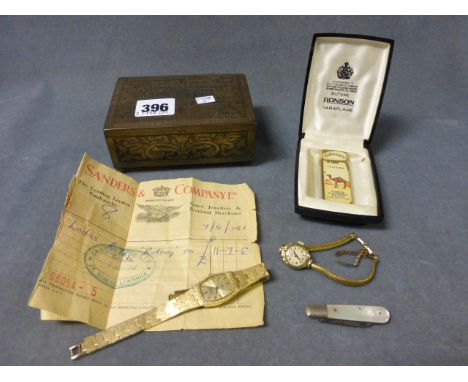 Two Ladies Wristwatches, Miniature Silver Bladed Fruit Knife, Ronson Lighter and Metal Box 