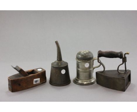 A Vintage Metal Flour Shaker, Metal Funnel, Clock Plane and Flat Iron 