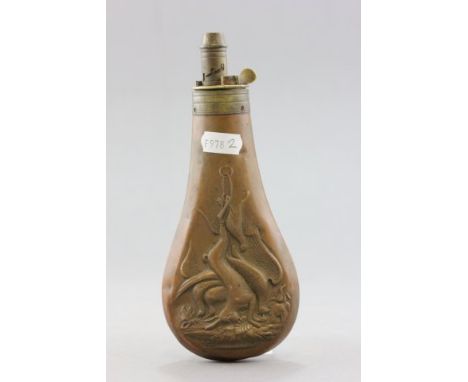 A 19th century Copper and Brass Powder Flask with Game Bird and Hare Embossed Decoration  