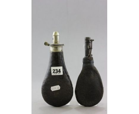 A Leather Powder Flask with Silver Plated Cap pus another leather powder flask (a/f)