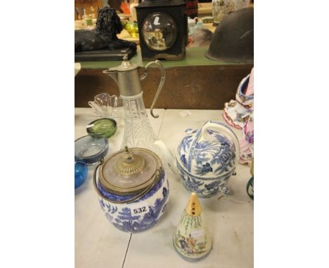 A Willow Pattern Vintage Biscuit Barrel, a Claret Jug, a Patent Wedgwood S.Y.P Teapot and a Sugar Sifter 