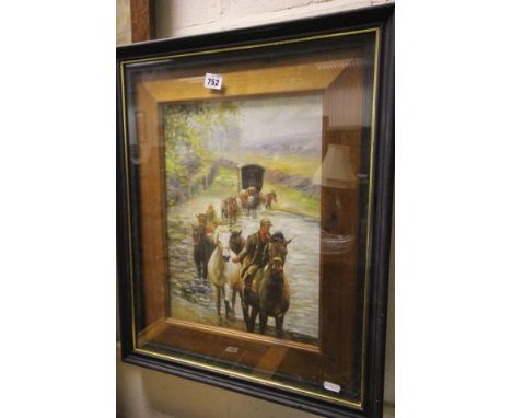 A Framed Oil Painting Portrait of Travellers with Horses at a River Crossing 