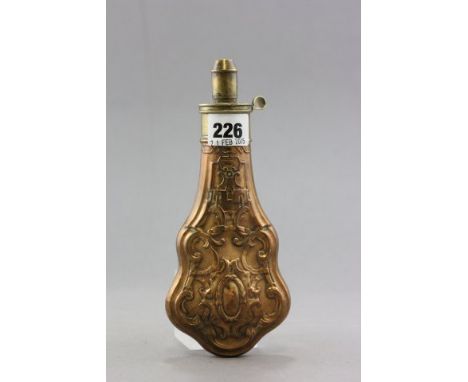 A 19th century Copper and Brass Powder Flask with strap work embossed decoration