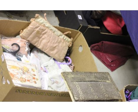 A Box of Vintage Clothes and Accessories including 1920's Blouse, Snake Skin Handbag, Ties, Napkins and Linens
