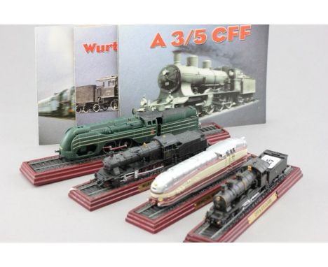 Three  Engines with Tenders on plinths plus another Engine on Plinth - CFF A 3-5 Class, Henschel Wegmann, Wurtwemberg K Class