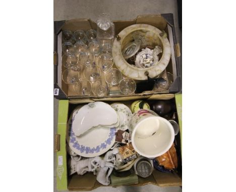 A Box of China to include Doulton, Portmeirion etc and a Box of Glassware to include Babycham Glasses, Light Shade, Decanter 