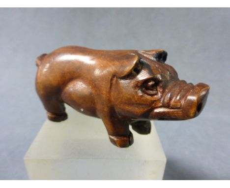 A Signed Wood Netsuke of Pig 