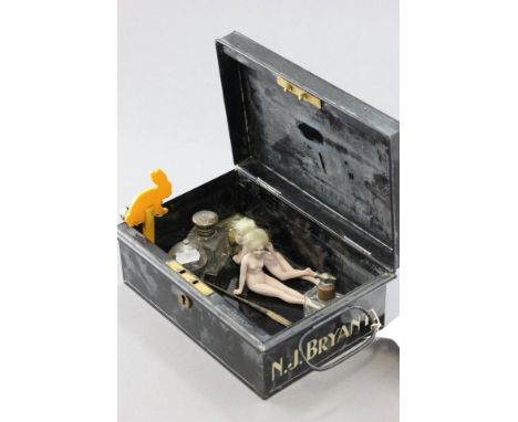 A Victorian Cash Tin with Glass Ashtray, Two Scent Bottles, Two Ceramic Naked Ladies, Bakelite Baby Rattle etc  