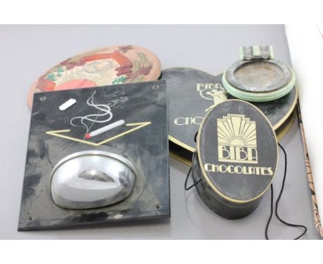 A 1930's R H Joulon Cigarette Ashtray Sign, 1930's Bakelite Ashtray, Two Biba Chocolate Boxes and a Sample of 1970's Biba Wal