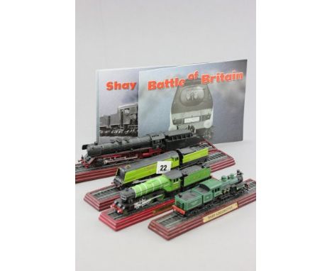 Four Train Engines with Tenders on plinths - Shay Locomotive, LNER V2 Green Arrow, DB01 Class and Battle of Britain Class (Wi