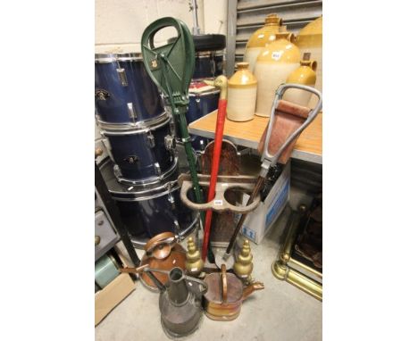 Oak Stick Stand, Pair of Andirons, Three Copper Pots, Duck Headed Walking Stick and Two Shooting Sticks 