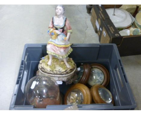 Cast Metal Figurine in Glass Dome, Ceramic Classical Figurine and a Quantity of Bullseye Glass Framed Circular Pictures 