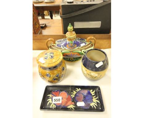 A Royal Doulton Stoneware Jar and Lid (a/f), Moorcroft Pin Tray (a/f), Art Nouveau Pottery Lamp hade Jar and Lid plus another