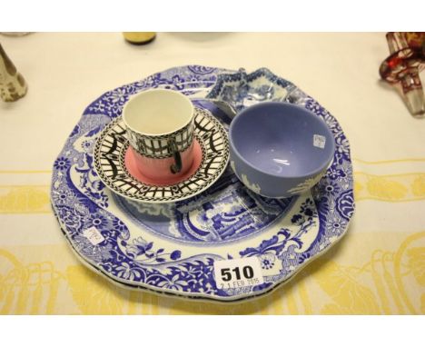 A Pair of Copeland Spode Italian Plates, Early 20th century Coffee Can and Saucer. Blue and White Pickle Plate and Wedgwood J