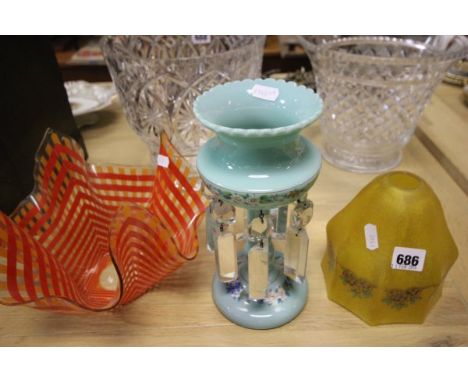 A Victorian Pale Blue Lustre, Handkerchief Glass Vase and a Glass Lamp Shade 