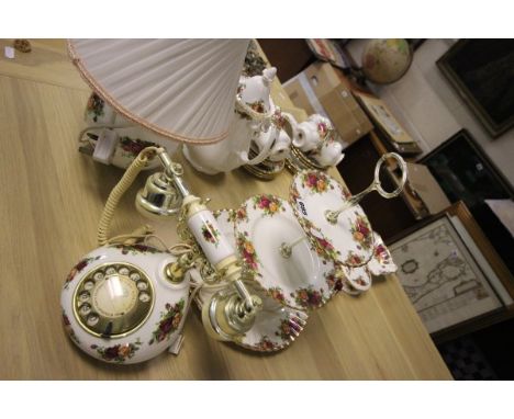 A Royal Albert 'Old Country Roses' Coffee Pot, Cake Stand, Table Lamp, Telephone and Trinket Pots 