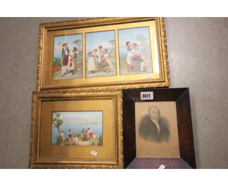 An Early Victorian Miniature Portrait Engraving of William ? together with Two Gilt Framed Prints of Greek Musicians on Sea C