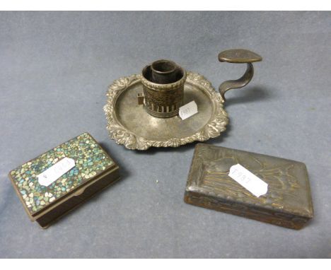 An Art Nouveau Cigarette Box, a Go to Bed Candlestick and a Pill Box 