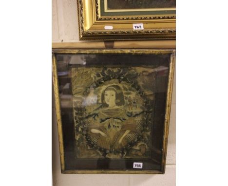 An Antique Framed Stump work / Tapestry of Lady  with Lions 