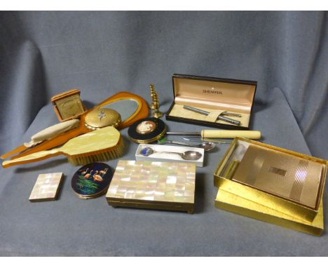 A Mid 20th century Vanity Case, Lipstick Holder, Mother of Pearl Cigarette Case and Photograph Frame plus Two Kigu and One St