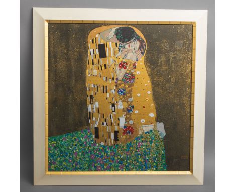 Klimt, Gustav (1862 - 1918), Reproduktion "Der Kuss", Offsetdruck, bez. m. freundlicherGenehmigung Österreichischer Galerie, 