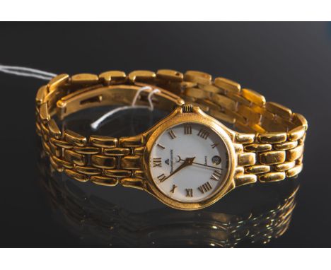 Maurice Lacroix - Damenarmbanduhr 750 GG, weißes Zifferblatt m. goldf. röm. Ziffern,Datumsanzeige, gestempelt: Feingehalt, Ge
