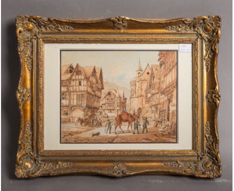 Pulian, Johann Gottfried (1809 - 1875), wohl Altstadtansicht v. Bacharach am Rhein -Marktpl. m. Gaukler u. einem Kamel, Aquar