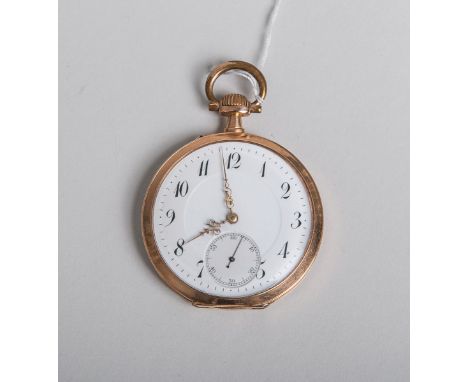 Taschenuhr 585 RG (um 1900), Goldgehäuse, Innendeckel Metall, Zifferbl. Email m. arab.Ziffern u. kl. Sekunde, Dm. ca. 5 cm (o
